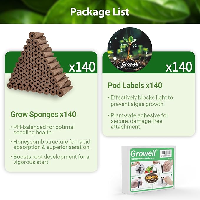 280Pcs Hydroponic Pods Kit, 140 Grow Sponges with 140 Pod Labels, Breathable Replacement Pods Compatible with AeroGarden & Most Hydroponics Growing System, Seed Starter Pods for Indoor Garden