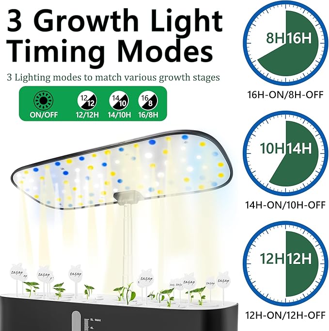 Hydroponics Growing System with LED Grow Light, 14 Pods Indoor Herb Garden Full Spectrum Rotatable Light Panel, Auto On Off Timing 12 14 16Hrs, 5L Water Tank, Harvest Fresh Basil Tomato (Black)