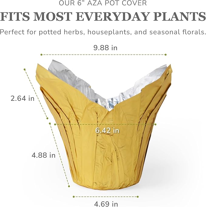 6” AZA Plant Pot Covers, Decorative Plant Sleeve for Indoor & Outdoor House Plants, Reusable and Gift-Ready Foil Wrap for Flower Pots, Gold, Pack of 5