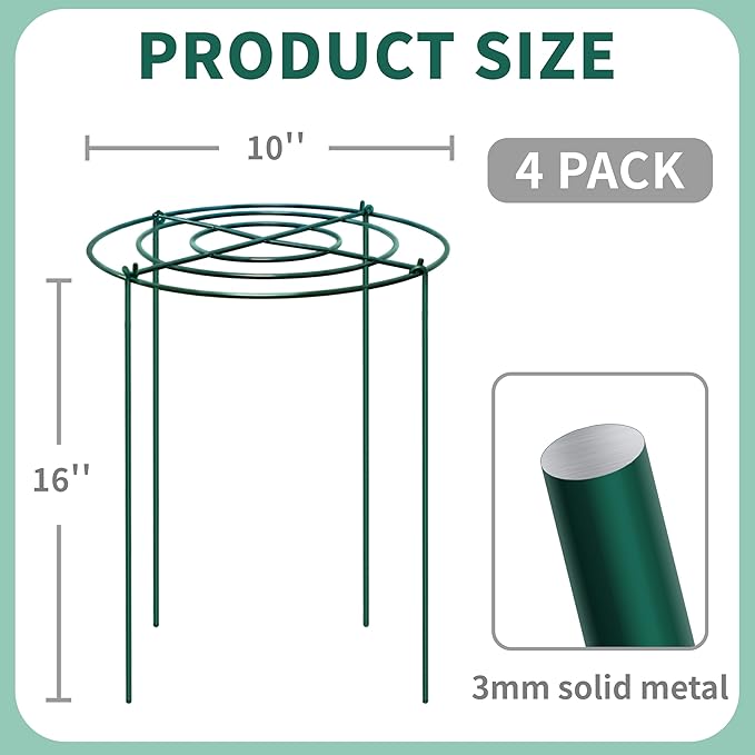 Peony Support Cage,Heavy Duty Metal Plant Support Rings with 3.5mm Thickened Legs,Grow Through Hoops for Peonies and Tall Plants,Rust-Resistant Strong Support for Heavy Blossoms,10"Dia.x16"High.4 Sets