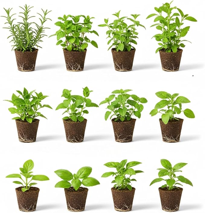 Set of 4 Assorted Herb Plants, 3-6 Inch Live Fragrant Herbs for Garden, Kitchen - Rosemary, Mint, Oregano, Basil, Lavender and More, Herb Bare Roots, Easy to Care