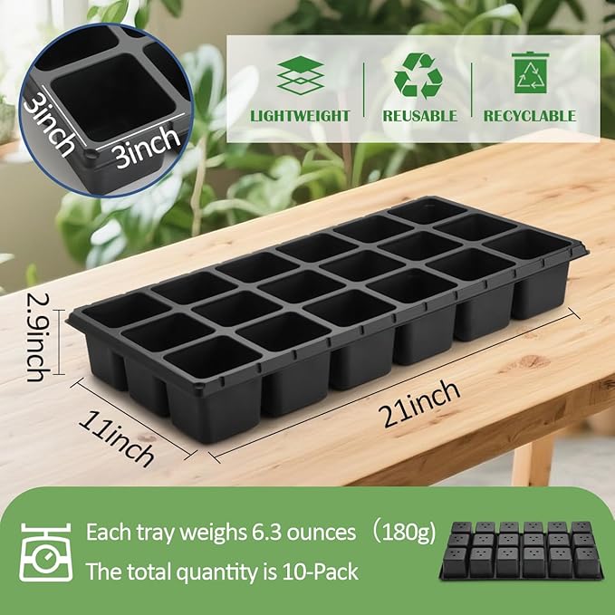 RooTrimmer 10 Pack 18 Cell Seed Starter Trays - 2.9 "Deep 3 Inch Big Cell Plastic Nursery Trays, 20" x 10", for 1020 Flat Trays Seed Germination, Planting Seedlings & Propagation