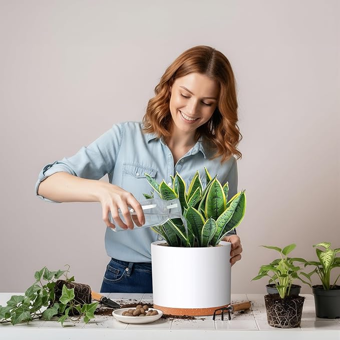 10/9/8 Inch Large Plant Pots with Drainage Holes and Trays, 3 Pack Modern Minimalist Cylinder Planters for Monstera, Snake Plant, Indoor Outdoor (Matte White & Brown)