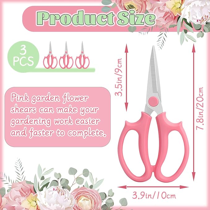 3 Pcs Pink Garden Flower Shears,Premium Floral Scissors with Comfortable Handles,Stainless Steel Floral Scissors Shears for Flower Arrangement,Gardening Tool