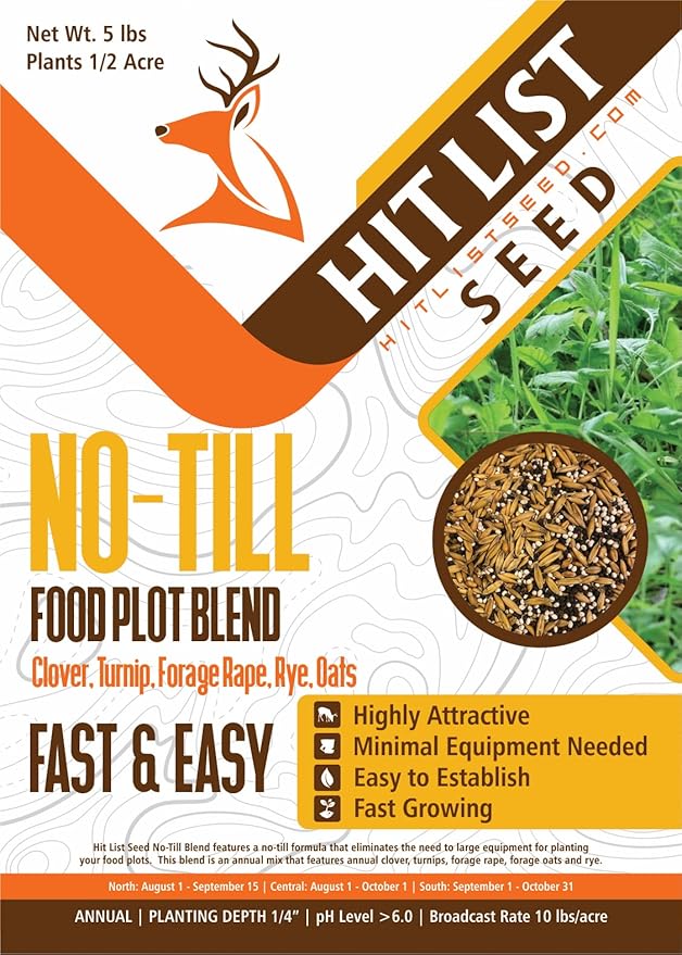 No Till Food Plot Seeds for Deer [Annual Mix] – Throw and Grow Food Mix – Deer Seed Blend with Clover, Rye, Turnip, Brassica, Oats – No Plow Planting – 5 lbs