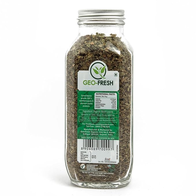 Geo-Fresh Organic Basil, 2.47 oz (70g), Non-GMO, Kosher, 100% Organic, Gluten Free, USDA Certified