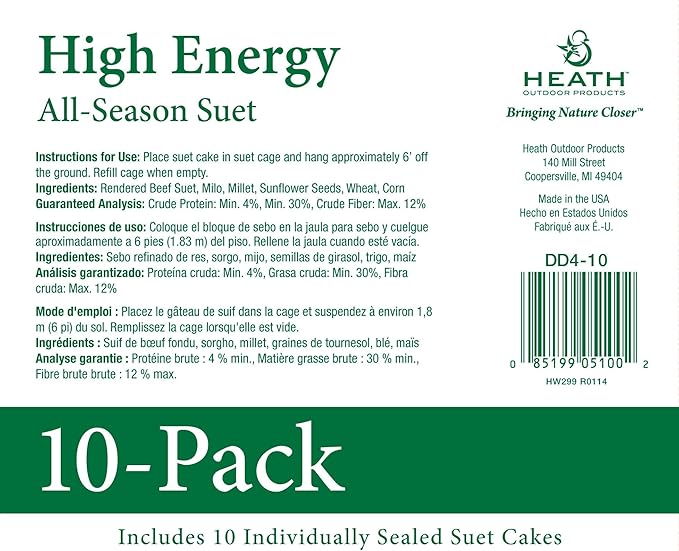 Heath Outdoor Products birds DD4-10 All Season High Energy Suet Cake, Case Of 10