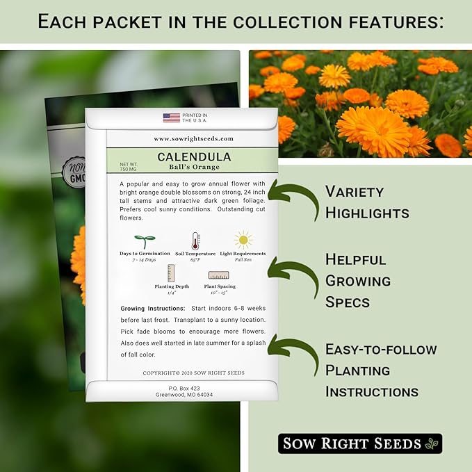 Sow Right Seeds - Calendula Seed Collection for Planting - Non-GMO Heirloom Packets, Instructions to Plant a Home Garden - Medicinal Blooms for Pollinators - 4 Varieties in Orange, Apricot, and More