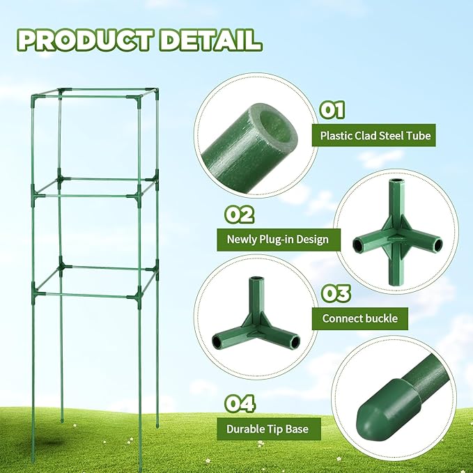 Menkxi 8 Pack 48 Inch Square Tomato Cages for Garden Heavy Duty Plant Cages Plant Support Stake Tower Climbing Vegetables Fruit Plants Cages with 200m Garden Wire 100 Cable Ties 50 Green Plant Clips