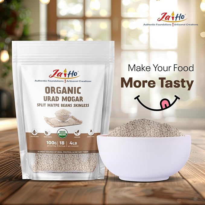 Jai Ho Certified Organic Urad Whole Dal (Matpe Beans) with Skin 4 lb - USDA Organic | Non-GMO | Chemical-Free | Premium Quality Kosher | (Urad Whole Dal (Matpe Beans Skin))