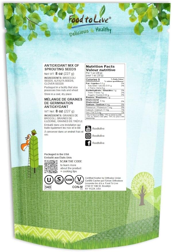 Food to Live - Antioxidant Mix of Sprouting Seeds, 8 Ounces — Broccoli, Clover, Alfalfa, Kosher, Raw, Vegan
