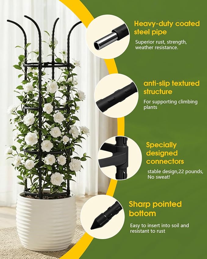 Joyhalo 2 Pack Trellis for Climbing Plants Outdoor, 74 Inch High Adjustable Garden Trellis for Flowers, Black Plastic Coated Steel Plant Stakes Use As Tomato Cage