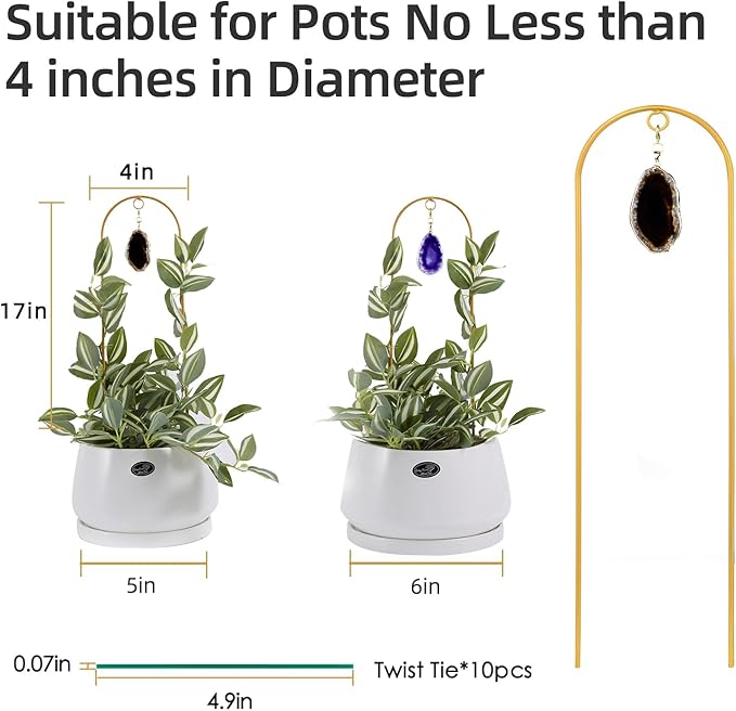 2PCS Small Gold Trellis for Climbing Plants Indoor, Mini Metal Houseplant Climber Support for Potted Plants, Boho Decorative Pot Lattice with Agate for Hoya, Pothos, Ivy, Philodendron