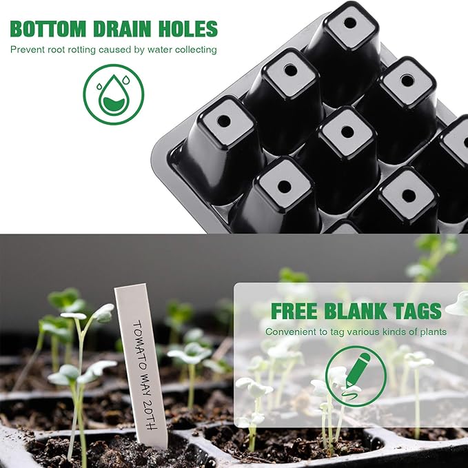 Delxo 10-Pack Seed Starter Kit Seedling Starter Tray (12 Cells) Humidity Adjustable Plant Germination Kit Garden Seed Starting Tray with Dome and White Base Plus Plant Tags Hand Tool Kit