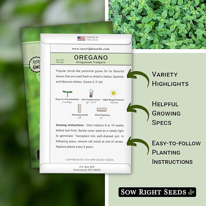 Sow Right Seeds - Oregano Seed for Planting - Non-GMO Heirloom- Instructions to Plant and Grow a Kitchen Herb Garden - Indoor or Outdoor - Gardening Gift - Produces Flavorful Leaves for Seasoning (3)