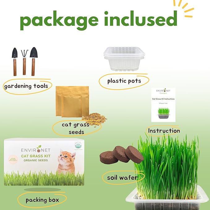 Environet Cat Grass Kit for Indoor Cat, Organic Grass Growing Kit with Seeds, Soil and Planting Tools, Quick Germination, Perfect for Beginners, 3-Pack Plastic Pots