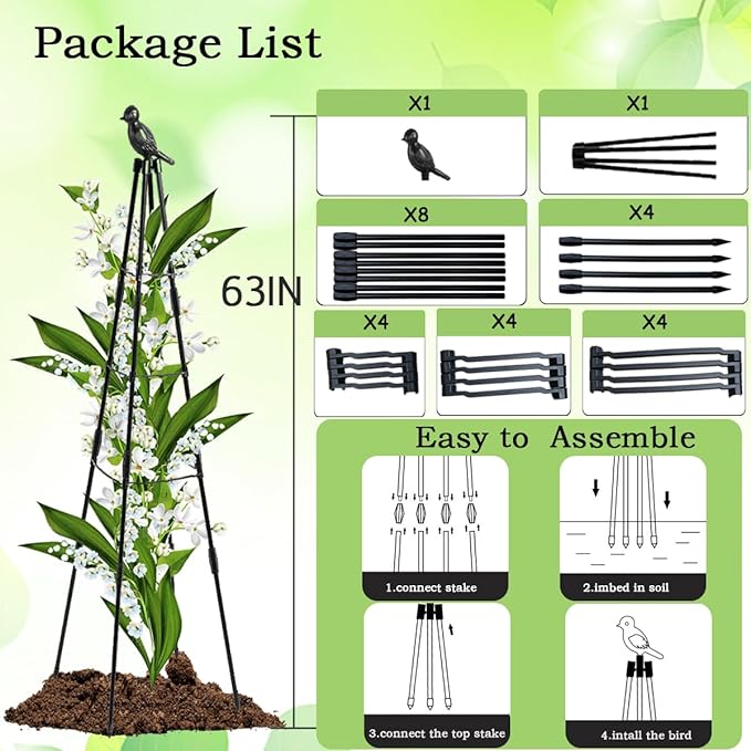 Garden Trellis for Climbing Plants,63inch Tall Plants Trellis Support with Adjustable Stake Arms,Plastic Coated Rustproof Metal Pipe Supports for Outdoor Indoor, Potted Plants, Tomato, Rose,1pack