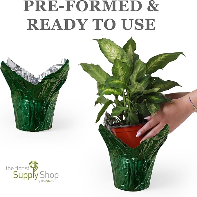 6” AZA Plant Pot Covers, Decorative Plant Sleeve for Indoor & Outdoor House Plants, Reusable and Gift-Ready Foil Wrap for Flower Pots, Evergreen, Pack of 5