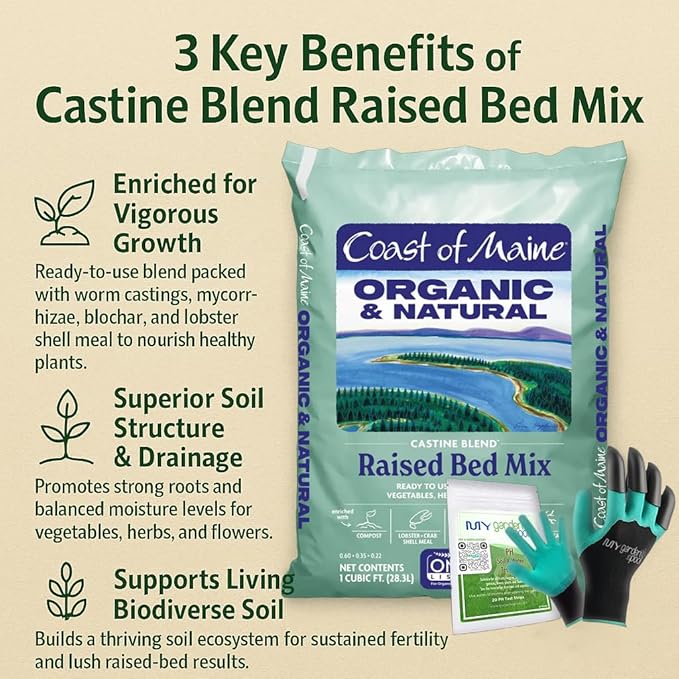 Coast of Maine CA1000 Castine Raised Bed Mix 1 cf with My Garden Pool 7-in-1 Soil Test Strips, 20 ct. and Claw Gardening Gloves