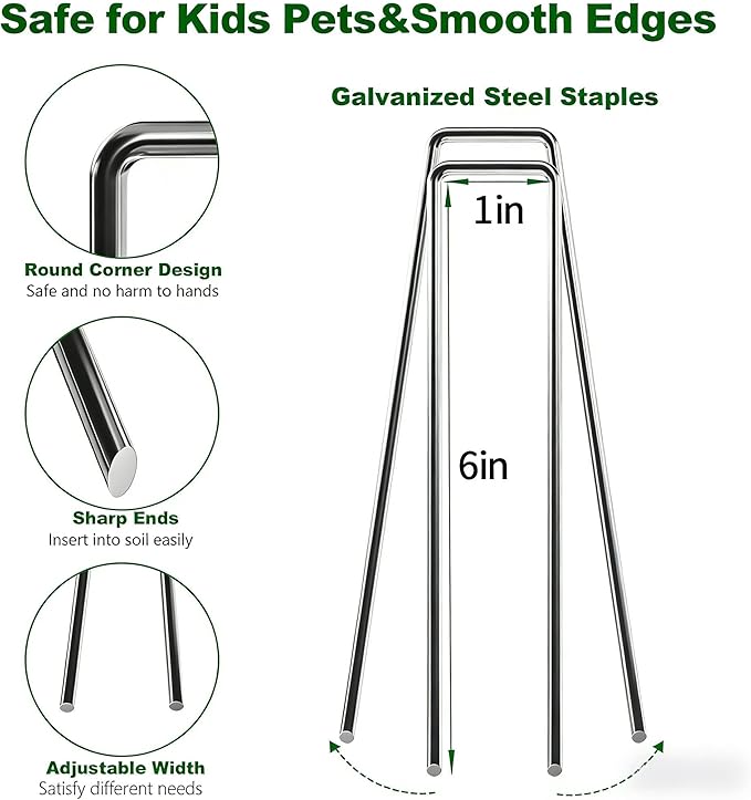 AMAGABELI 6 Inch 100 Pack Galvanized Landscape Staples 11 Gauge Anti-Rust Heavy Duty Garden Stakes Plant Cover Spikes U-Shaped Sod Pins Fence Stakes for Weed Barrier,Irrigation Tubing,Lawns,Decoration