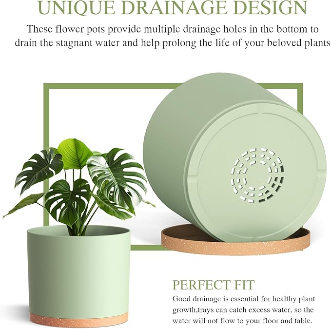 10/9/8 Inch Large Plant Pots with Drainage Holes and Trays, 3 Pack Modern Minimalist Cylinder Planters for Monstera, Snake Plant, Indoor Outdoor (Matte Green & Brown)