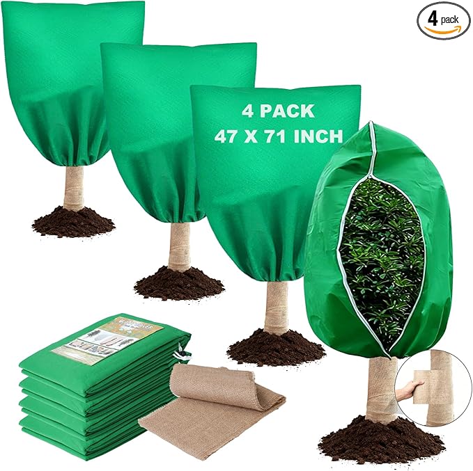 4 Pack 47 x 71 Inch Plant Covers Freeze Protection, Frost Cloth Plant Freeze Protection with Burlap Tree Wrap, Reusable Breathable Freeze Blankets with Drawstring for Fruit Tree Shrub Potted