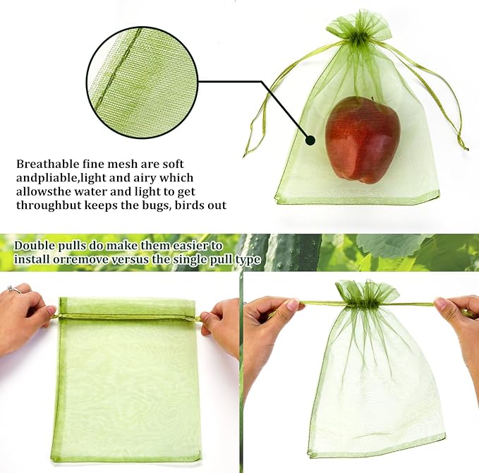 50 PCS 6X9 inches Fruit Protection Bags, Fruit Bags for Fruit Trees, Green Netting Fruit Cover Bags Drawstring Mesh Fruit Protectors Pest Barrier for Fruit Trees Veggies Garden