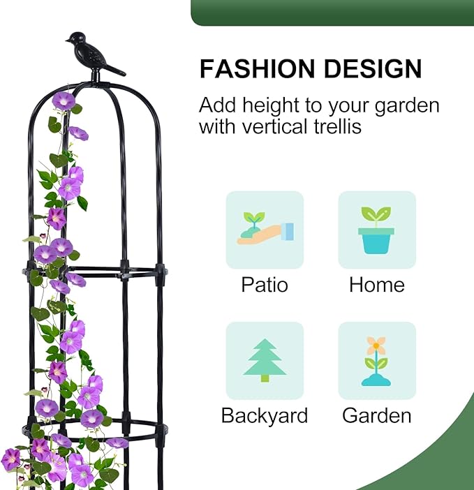 Lalahoni Garden Obelisk Trellis for Climbing Plants Outdoor, 6ft Round Rose Trellis for Pots, Metal Plant Support for Clematis, Jasmine, Ivy, Decorative Outdoor Trellis, Black, 1 Pack