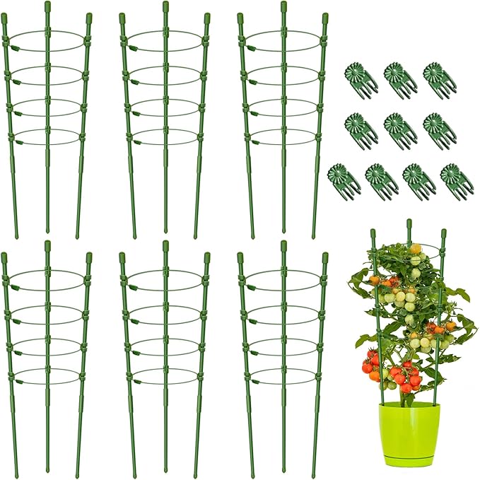 Legigo 6 Pack 30 Inch Plant Support Cages Tomato Cage for Garden- Plant Cages Adjustable Rings, Tomato Plant Support Stakes Trellis for Pots, Peppers, Cucumbers and Flowers with 10 Plant Clips