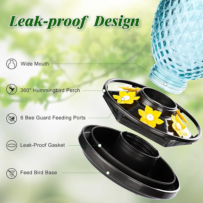 Fchstaer Glass Hummingbird Feeders for Outdoors Hanging Ant and Bee Proof 16OZ 2 Pack Blue Pineapple Humming Bird Feeder with 6 Feeding Ports and Ant Moat Hummingbird Gifts for Women Garden Decor