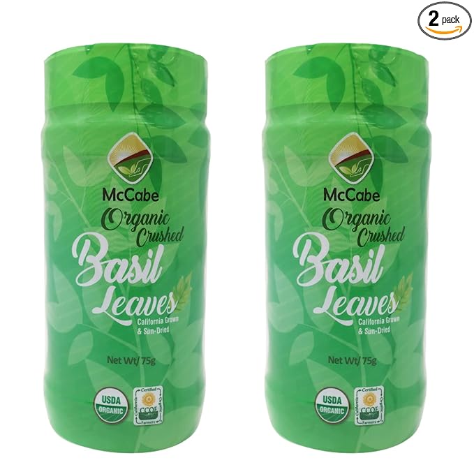 McCabe Organic Sun-Dried Crushed Basil Leaves, 75g (0.16lbs) (2 Packs), USDA Certified Organic, CCOF Organic Certified (California Certified Organic Farmers), Product of USA