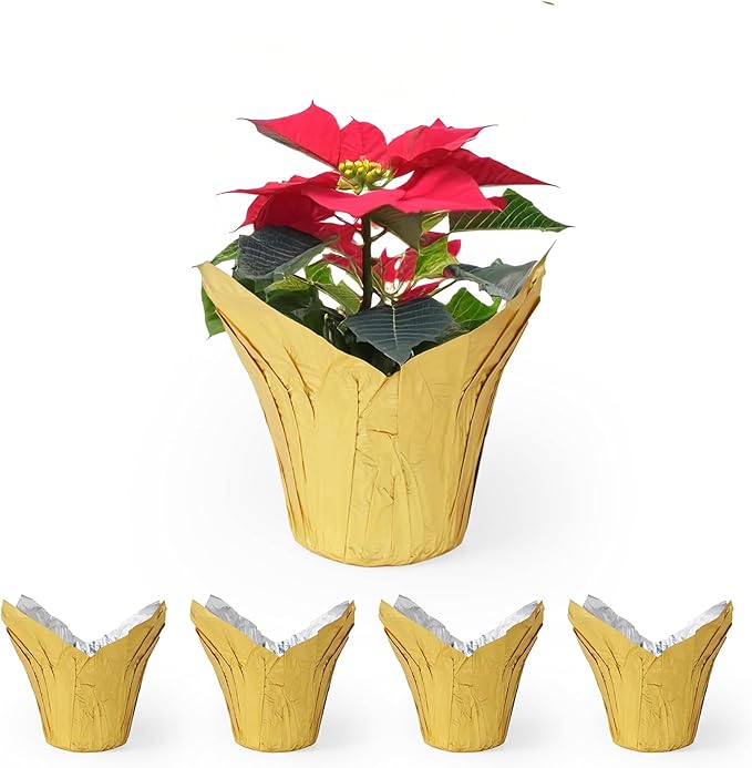 4.5” STD Plant Pot Covers, Decorative Plant Sleeve for Indoor & Outdoor House Plants, Reusable and Gift-Ready Foil Wrap for Flower Pots, Gold, Pack of 5