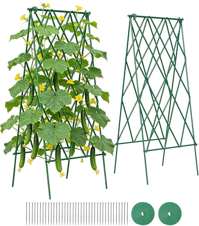 Suteck Cucumber Trellis 39.2" 2 Pack A-Frame – Foldable Metal Garden Trellis for Cucumbers, Peas, Beans & Climbing Plants, No Assembly Required Plant Support, Ideal for Raised Beds, Patios & Backyards