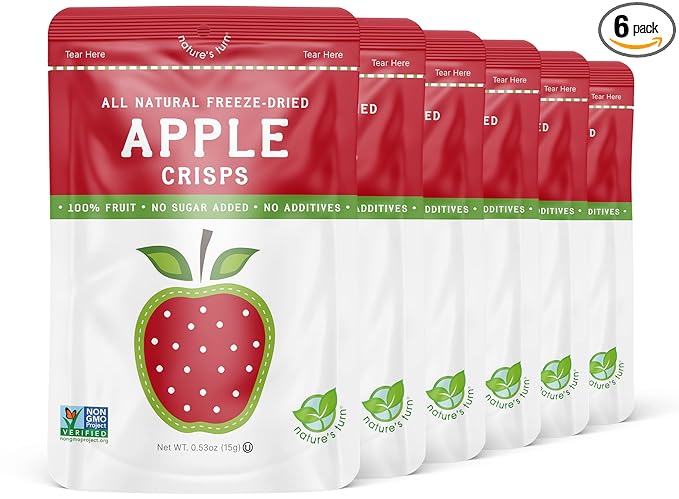 Nature’s Turn Freeze-Dried Apple Crisps – Healthy, Gluten-Free, Crispy & Delicious, Plant-Based Snack, Ideal for Cereal, Smoothies, School Lunches, & On-the-Go, Bags of 6 (0.53 oz Each)