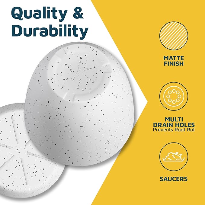 White Gray Plant Pots with Drainage Holes & Saucers 10 Pack, Indoor & Outdoor Stackable Space-Saving Planters for Houseplants & Flowers, (7", 6.7", 6", 5.3", and 4.8" Inches), Durable & Weatherproof