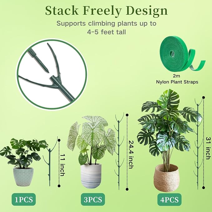 5 Pack Monstera Plant Support, 38inch Stackable Plant Stakes with 20Pcs Clips & 1Pcs Ties, Alternative to Moss Pole Plants Sticks Structures for Climbing Indoor Outdoor Potted Plants