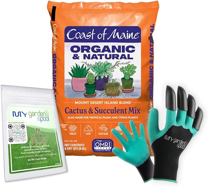 Coast of Maine MD4500 Mount Desert Island Cactus & Succulent Mix 8 qt with My Garden Pool 7-in-1 Soil Test Strips, 20 ct. and Claw Gardening Gloves