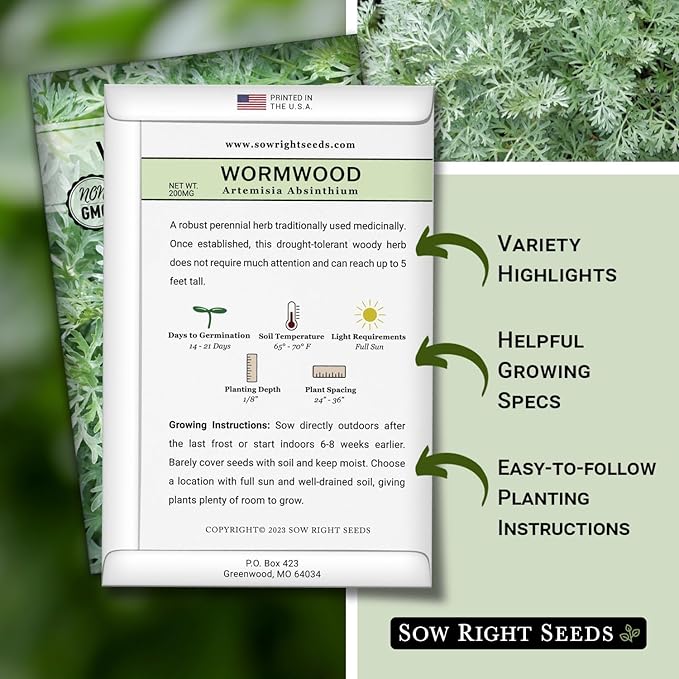 Sow Right Seeds - Wormwood Seeds for Planting - Non-GMO Heirloom Packet with Instructions to Plant & Grow an Outdoor or Indoor Herb Garden - Sagewort Repels Mosquitoes - Medicinal Worm Wood Herb (3)