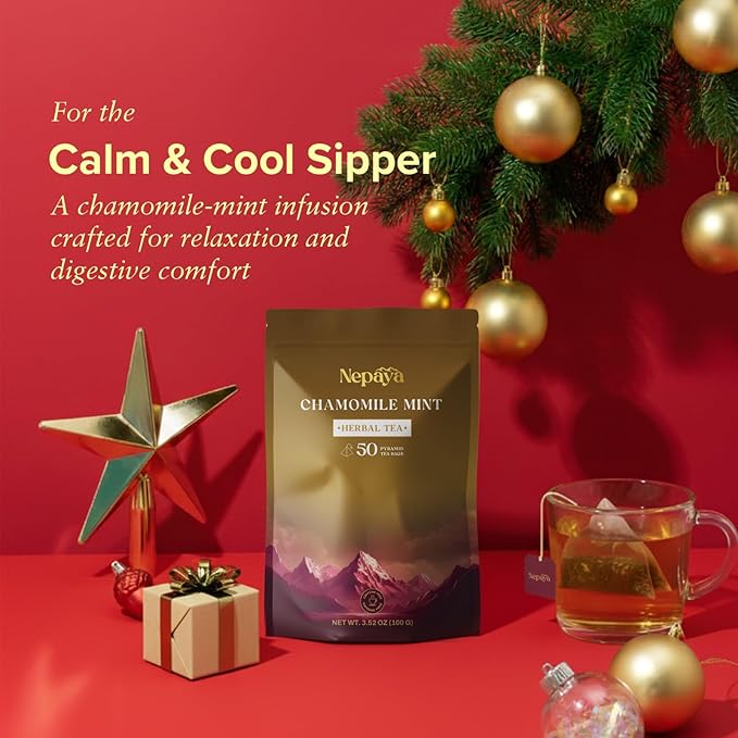 Chamomile Mint Herbal Tea Bags, Relaxing Bedtime Blend with Lemongrass, Peppermint Individually Wrapped Pyramid Tea Bags, Fennel & Peppermint, Caffeine Free Teabags, Hot or Ice Tea, 50 Biodegradable Tea Bag