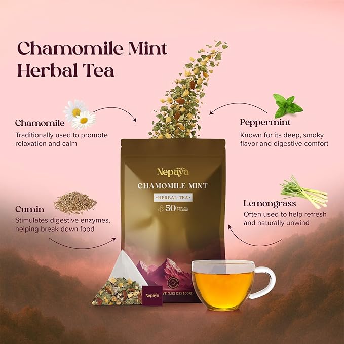 Chamomile Mint Herbal Tea Bags, Relaxing Bedtime Blend with Lemongrass, Peppermint Individually Wrapped Pyramid Tea Bags, Fennel & Peppermint, Caffeine Free Teabags, Hot or Ice Tea, 50 Biodegradable Tea Bag