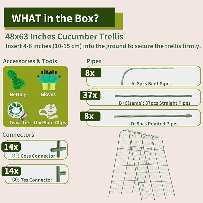 Miory Cucumber Trellis, U Shape Trellis for Raised Bed, Garden Arch Trellis for Climbing Plants Outdoor, Plant Support for Vegetables Vines, Steel with PE Coated (48" Lx32 Wx63 H)