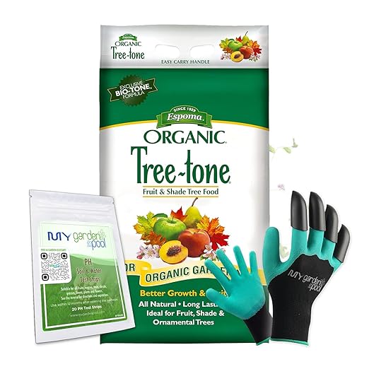 Espoma TR18 Organic Tree-Tone 6-3-2; 18 lb. Bag with My Garden Pool PH Soil Test Strips 20 ct, and My Garden Pool Superior Gardening Claw Gloves and Garden-IQ, Smart Gardening AI Assistant!