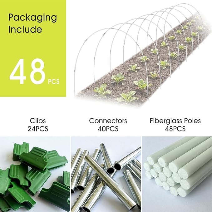48 PCS Garden Hoops for Raised Beds, RIFNY Greenhouse Hoops Kit Long Grow Tunnel for Row Cover, Rust-Free Fiberglass Garden Support Poles for Insect Mesh Netting Freeze Plant Cover Frame