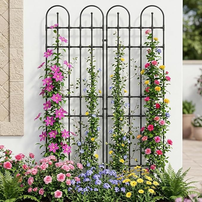 Black Garden Trellis, 71x21 Inch Metal Arch Decoration with Rustic Iron & Black Coating, 2 Pack Outdoor Plant Support for Climbing Roses, Vines, Flowers, Vegetables