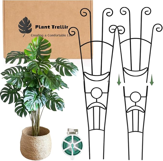2 Pack Monstera Plant Support Stakes, 33in Metal Plant Trellis with Garden Twist Tie for Climbing Plants Indoor Outdoor Potted Tall Pothos Monstera