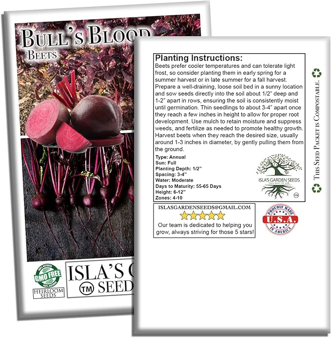 Bull’s Blood Beet Seeds (Beta vulgaris) – 100+ Heirloom Non-GMO Seeds by Isla’s Garden Seeds, Deep Red Roots & Burgundy Greens, Cool-Season Favorite, Dual-Purpose Variety, Great Home Garden Gift