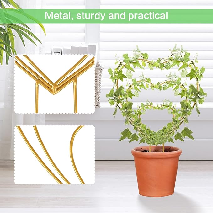 Hoya Trellis 3 Size Indoor Plants Flower Support Stakes Round or Heart Metal Trellis Set Garden Tool Accessories for Small Potted Vine Climbing Houseplants (GoldenH)