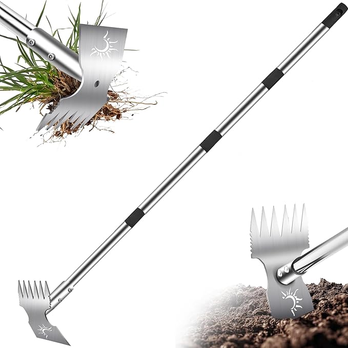 Weed Puller Tool with Long Handle, 60'' Manual Weed Puller Tool, Stainless Steel 2 in 1 Hand Weed Rake,Heavy Duty Garden Hoe for Gardening,Uprooting (Chrome(Stainless Steel), 60" Long Handle)