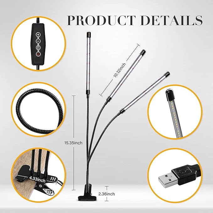 iPower LED Grow Lights for Indoor Plants, 6000K Full Spectrum Growing Lamp with White Red LEDs, 5-Level Dimmable, Auto On Off with 4/8/12H Timer, 3 Tubes