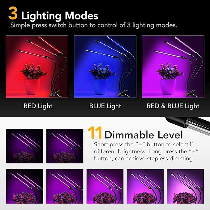 iPower LED Grow Light with Full Spectrum for Indoor Plants, Adjustable Gooseneck, 2/3 Light Modes&5/10 Dimmable Levels, 3 Auto Timing Modes, 3 Tubes, Red&Blue
